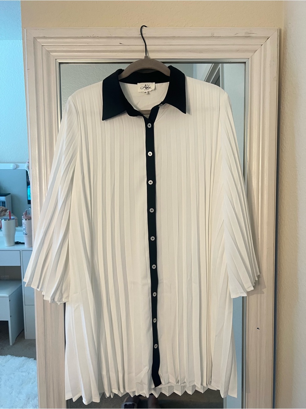 NWOT Able White Pleated Button-Front Collared Shirt Dress with Black Trim